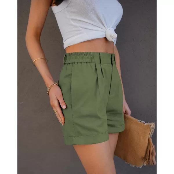 imageluvamia Shorts for Women High Waisted Dressy Casual Cotton Stretch Twill Elastic Wasit Pleated Summer Shorts with PocketWatercress Green