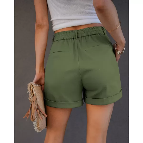 imageluvamia Shorts for Women High Waisted Dressy Casual Cotton Stretch Twill Elastic Wasit Pleated Summer Shorts with PocketWatercress Green