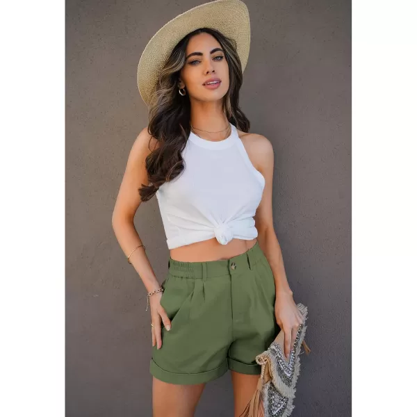 imageluvamia Shorts for Women High Waisted Dressy Casual Cotton Stretch Twill Elastic Wasit Pleated Summer Shorts with PocketWatercress Green