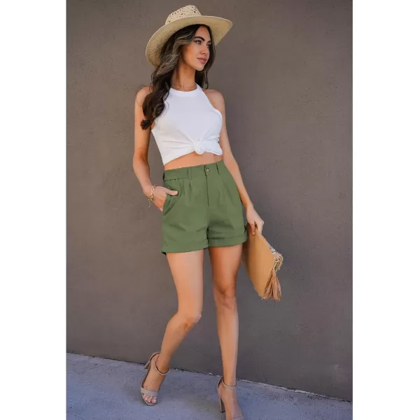 imageluvamia Shorts for Women High Waisted Dressy Casual Cotton Stretch Twill Elastic Wasit Pleated Summer Shorts with PocketWatercress Green