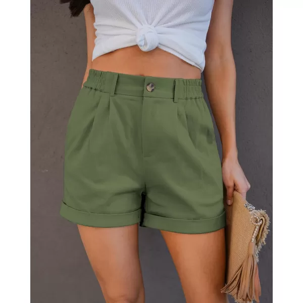 imageluvamia Shorts for Women High Waisted Dressy Casual Cotton Stretch Twill Elastic Wasit Pleated Summer Shorts with PocketWatercress Green