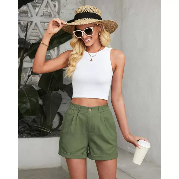 imageluvamia Shorts for Women High Waisted Dressy Casual Cotton Stretch Twill Elastic Wasit Pleated Summer Shorts with PocketWatercress Green