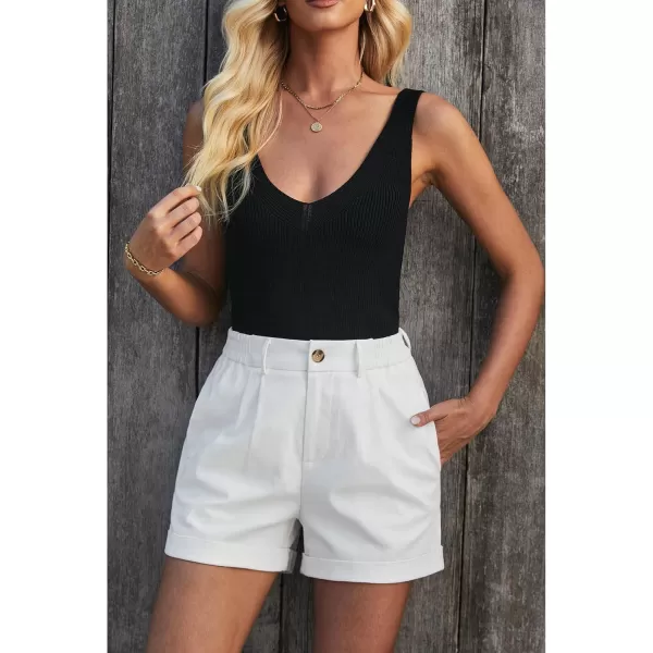 imageluvamia Shorts for Women High Waisted Dressy Casual Cotton Stretch Twill Elastic Wasit Pleated Summer Shorts with PocketWhite