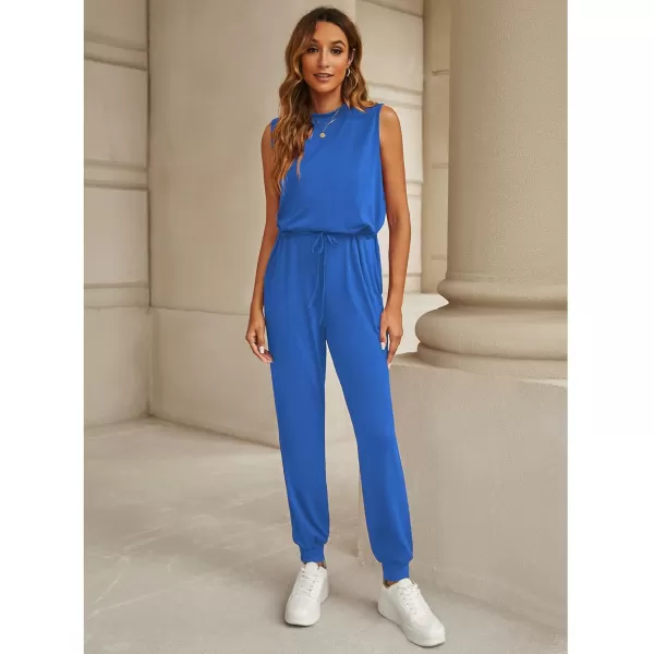 imageluvamia Sleeveless Jumpsuits for Women Drawstring Stretchy Long Rompers with Pockets Loose Comfy Jogger Pants JumpsuitClassic Blue