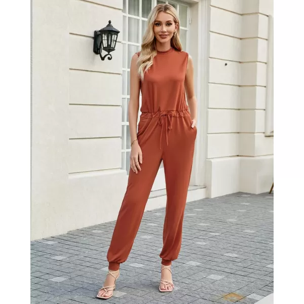 imageluvamia Sleeveless Jumpsuits for Women Drawstring Stretchy Long Rompers with Pockets Loose Comfy Jogger Pants JumpsuitOrange Rust