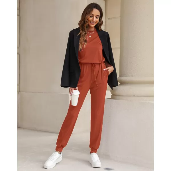 imageluvamia Sleeveless Jumpsuits for Women Drawstring Stretchy Long Rompers with Pockets Loose Comfy Jogger Pants JumpsuitOrange Rust