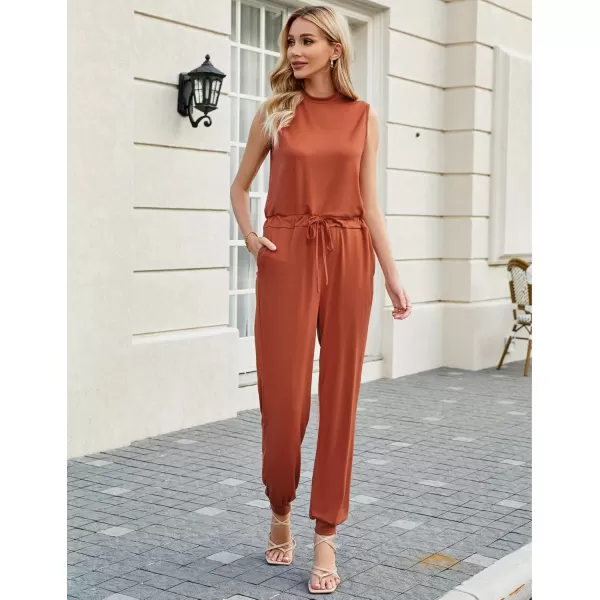 imageluvamia Sleeveless Jumpsuits for Women Drawstring Stretchy Long Rompers with Pockets Loose Comfy Jogger Pants JumpsuitOrange Rust