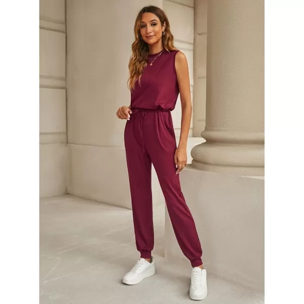 imageluvamia Sleeveless Jumpsuits for Women Drawstring Stretchy Long Rompers with Pockets Loose Comfy Jogger Pants JumpsuitWine Red