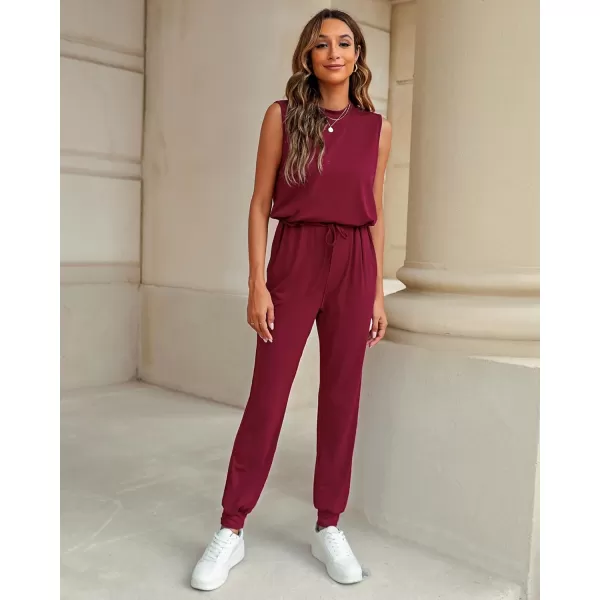 imageluvamia Sleeveless Jumpsuits for Women Drawstring Stretchy Long Rompers with Pockets Loose Comfy Jogger Pants JumpsuitWine Red