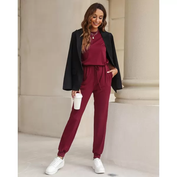 imageluvamia Sleeveless Jumpsuits for Women Drawstring Stretchy Long Rompers with Pockets Loose Comfy Jogger Pants JumpsuitWine Red