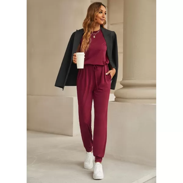 imageluvamia Sleeveless Jumpsuits for Women Drawstring Stretchy Long Rompers with Pockets Loose Comfy Jogger Pants JumpsuitWine Red