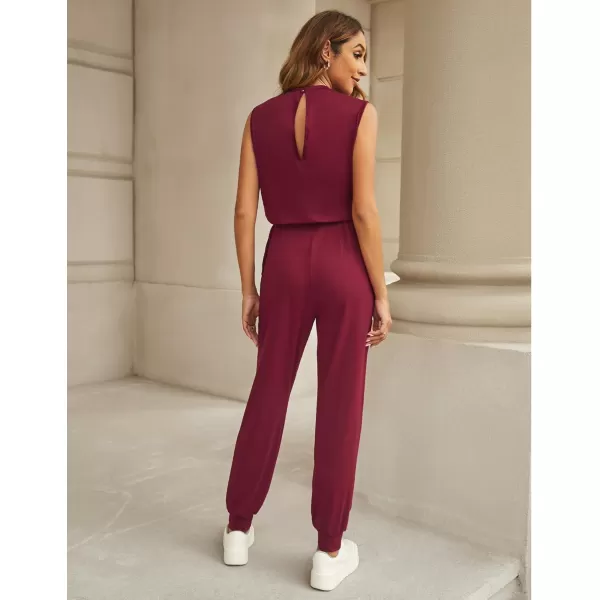 imageluvamia Sleeveless Jumpsuits for Women Drawstring Stretchy Long Rompers with Pockets Loose Comfy Jogger Pants JumpsuitWine Red