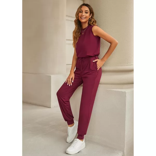 imageluvamia Sleeveless Jumpsuits for Women Drawstring Stretchy Long Rompers with Pockets Loose Comfy Jogger Pants JumpsuitWine Red