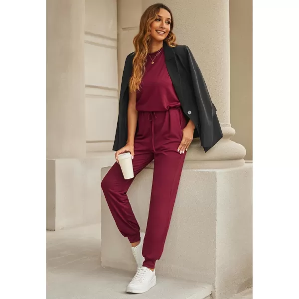 imageluvamia Sleeveless Jumpsuits for Women Drawstring Stretchy Long Rompers with Pockets Loose Comfy Jogger Pants JumpsuitWine Red