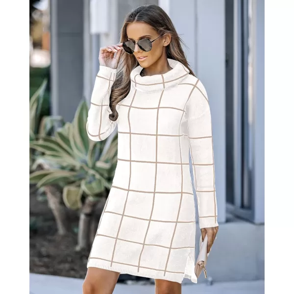 imageluvamia Women Casual Turtleneck Knitted Sweater Cozy Grid Pullover Sweater DressBright White