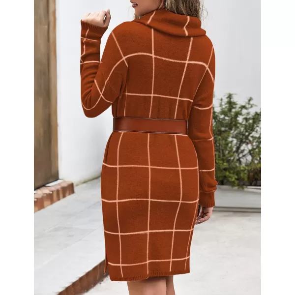 imageluvamia Women Casual Turtleneck Knitted Sweater Cozy Grid Pullover Sweater DressBurnt Ochre