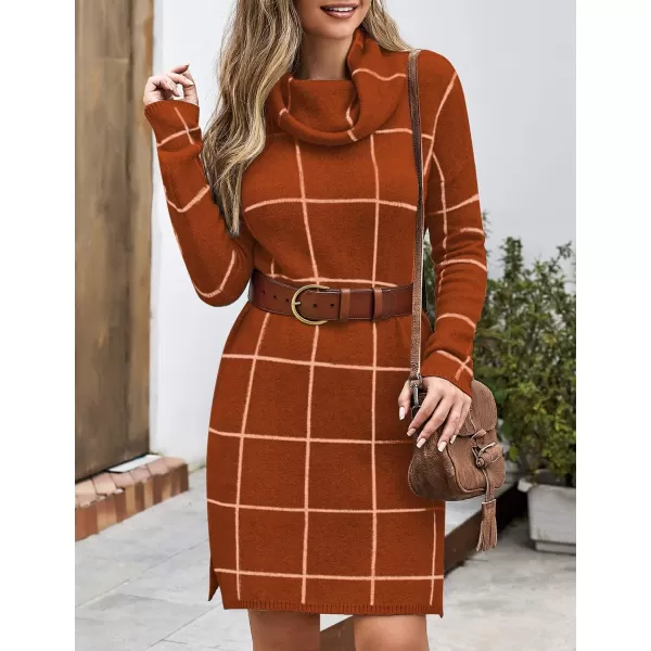 imageluvamia Women Casual Turtleneck Knitted Sweater Cozy Grid Pullover Sweater DressBurnt Ochre