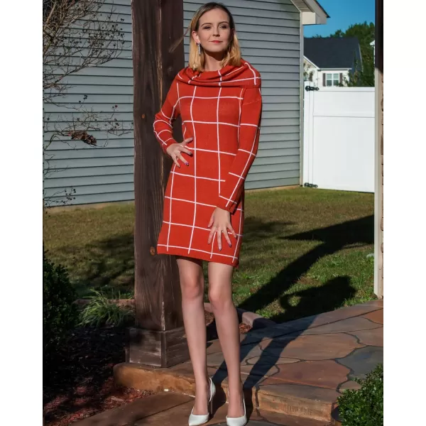 imageluvamia Women Casual Turtleneck Knitted Sweater Cozy Grid Pullover Sweater DressBurnt Ochre