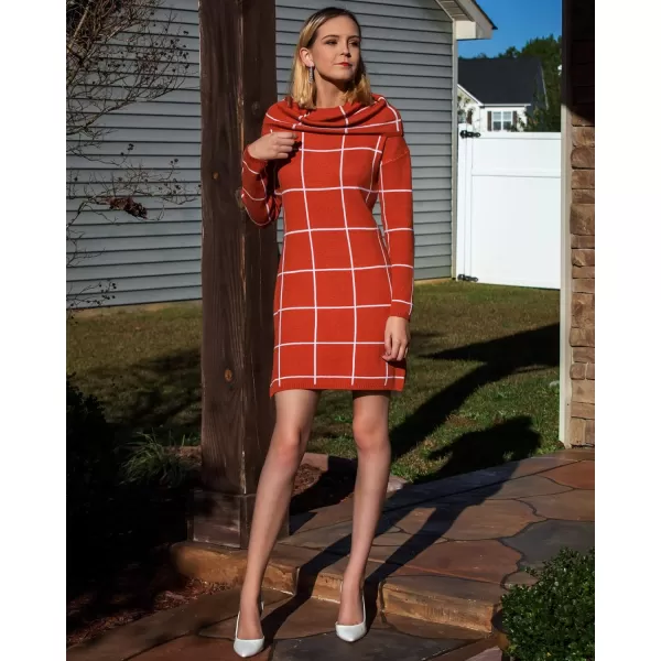 imageluvamia Women Casual Turtleneck Knitted Sweater Cozy Grid Pullover Sweater DressBurnt Ochre