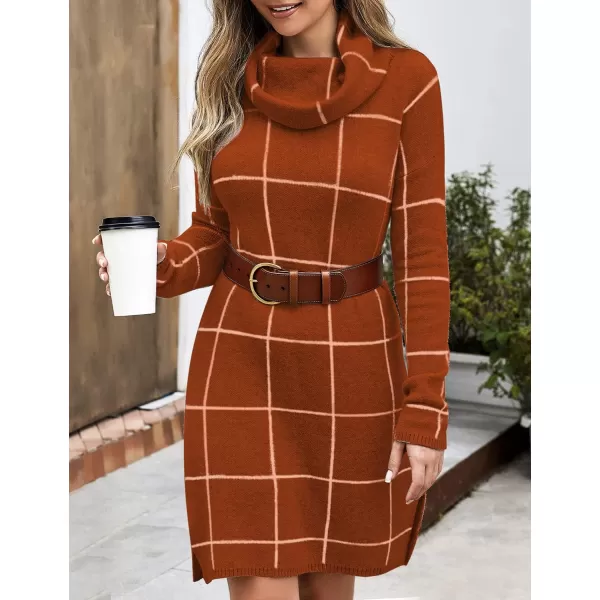 imageluvamia Women Casual Turtleneck Knitted Sweater Cozy Grid Pullover Sweater DressBurnt Ochre