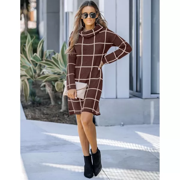 imageluvamia Women Casual Turtleneck Knitted Sweater Cozy Grid Pullover Sweater DressCappuccino