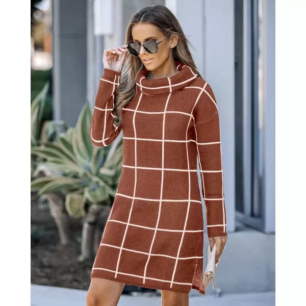 imageluvamia Women Casual Turtleneck Knitted Sweater Cozy Grid Pullover Sweater DressCopper Brown