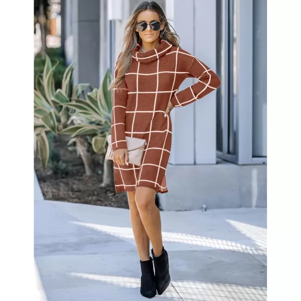 imageluvamia Women Casual Turtleneck Knitted Sweater Cozy Grid Pullover Sweater DressCopper Brown