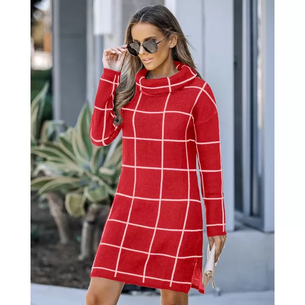 imageluvamia Women Casual Turtleneck Knitted Sweater Cozy Grid Pullover Sweater DressLuscious Red