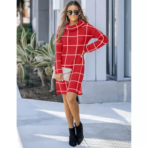 imageluvamia Women Casual Turtleneck Knitted Sweater Cozy Grid Pullover Sweater DressLuscious Red