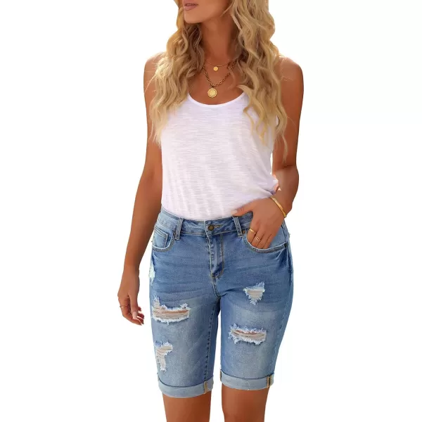 imageluvamia Women High Waisted Stretch Bermuda Shorts Ripped Rolled Hem Jean ShortsA Washed Blue