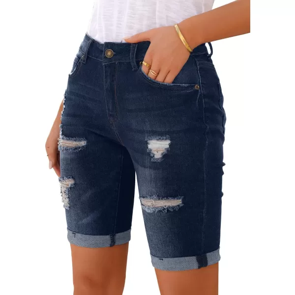 imageluvamia Women High Waisted Stretch Bermuda Shorts Ripped Rolled Hem Jean ShortsDark Vintage