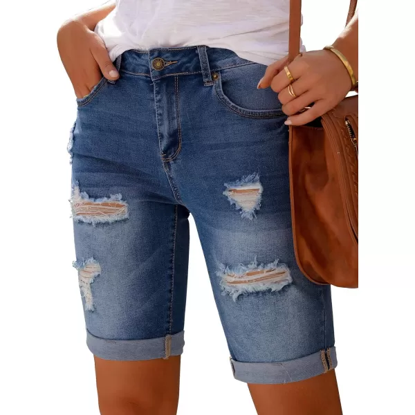 imageluvamia Women High Waisted Stretch Bermuda Shorts Ripped Rolled Hem Jean ShortsEmotional Blue