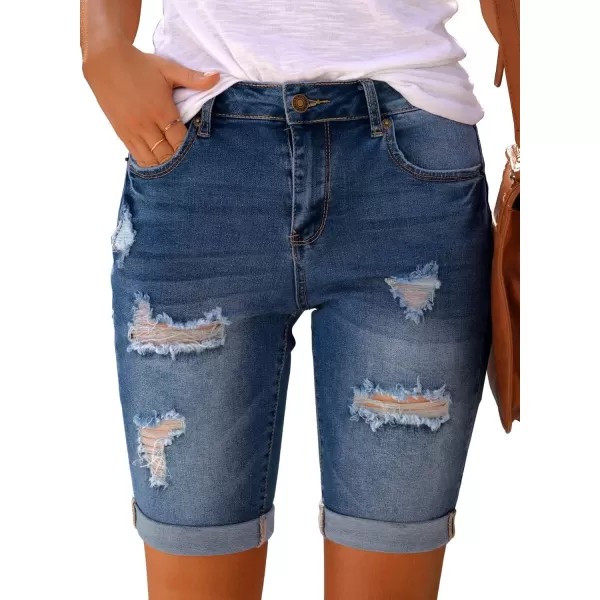 imageluvamia Women High Waisted Stretch Bermuda Shorts Ripped Rolled Hem Jean ShortsEmotional Blue