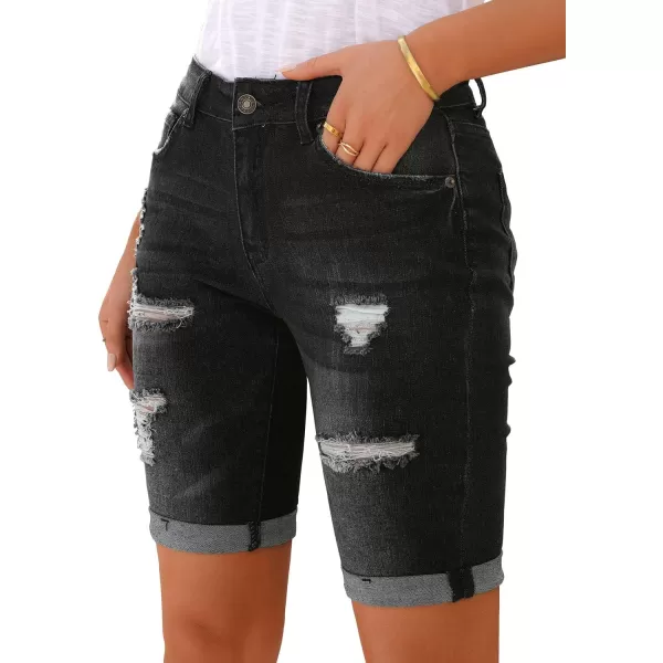 imageluvamia Women High Waisted Stretch Bermuda Shorts Ripped Rolled Hem Jean ShortsF Black Ink