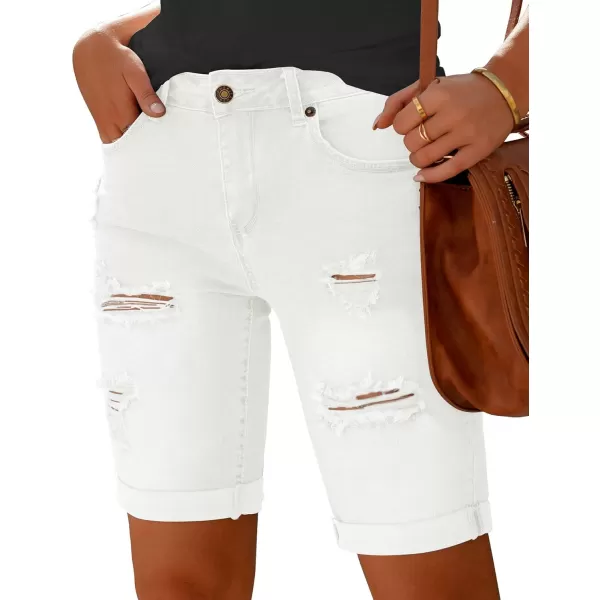 imageluvamia Women High Waisted Stretch Bermuda Shorts Ripped Rolled Hem Jean ShortsF Brilliant White