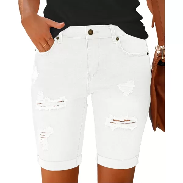 imageluvamia Women High Waisted Stretch Bermuda Shorts Ripped Rolled Hem Jean ShortsF Brilliant White