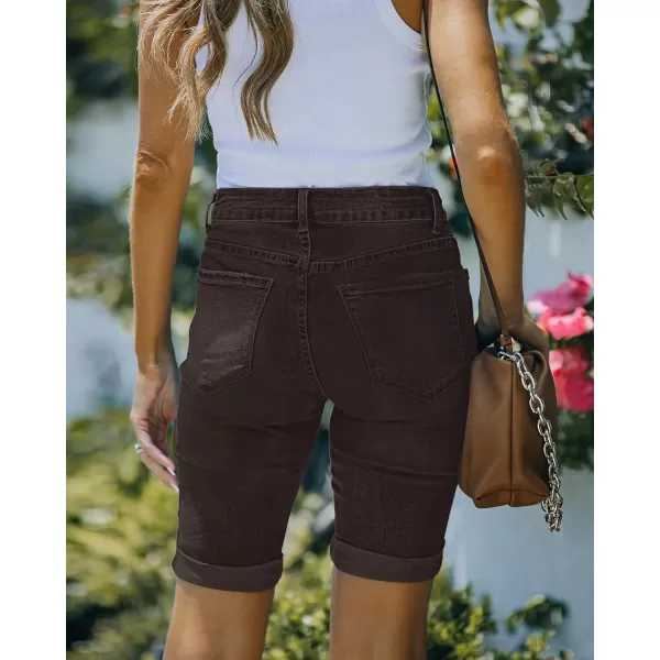 imageluvamia Women High Waisted Stretch Bermuda Shorts Ripped Rolled Hem Jean ShortsF Dark Oak