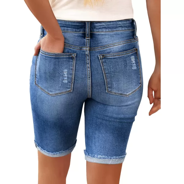 imageluvamia Women High Waisted Stretch Bermuda Shorts Ripped Rolled Hem Jean ShortsR Cool Classic 066