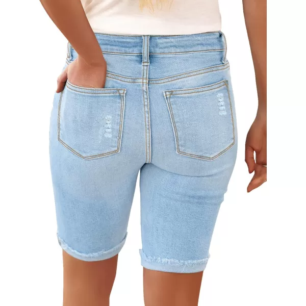 imageluvamia Women High Waisted Stretch Bermuda Shorts Ripped Rolled Hem Jean ShortsR Ocean Aqua 066