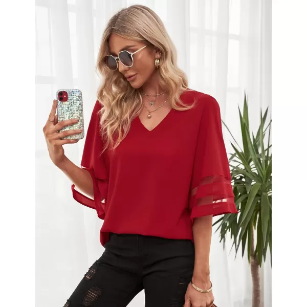 imageluvamia Womens Casual V Neck Blouse 34 Bell Sleeve Mesh Panel Shirts Loose TopA True Red