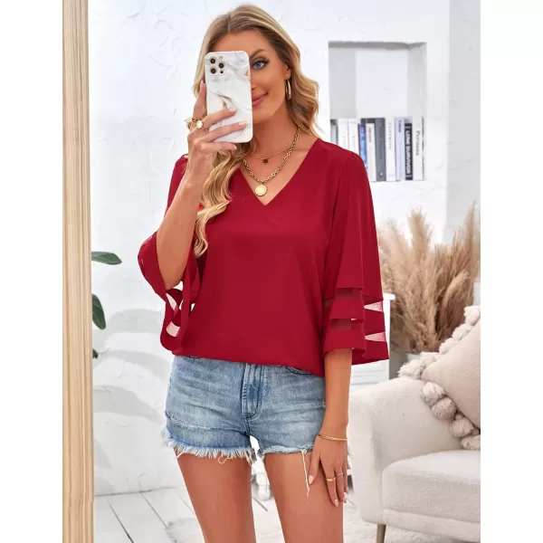 imageluvamia Womens Casual V Neck Blouse 34 Bell Sleeve Mesh Panel Shirts Loose TopA True Red