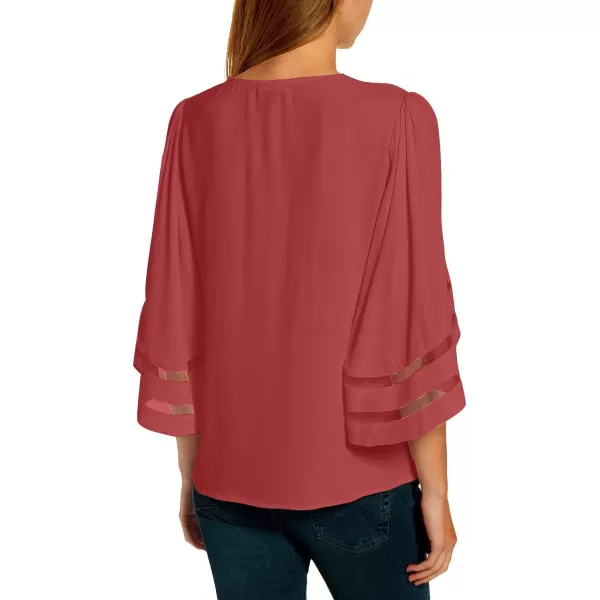 imageluvamia Womens Casual V Neck Blouse 34 Bell Sleeve Mesh Panel Shirts Loose TopA1 Tea Rose