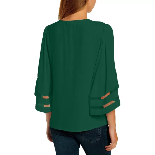 imageluvamia Womens Casual V Neck Blouse 34 Bell Sleeve Mesh Panel Shirts Loose TopB Evergreen