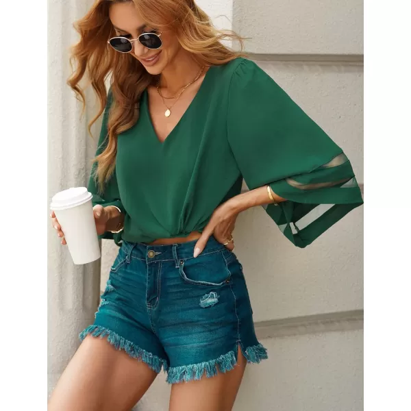 imageluvamia Womens Casual V Neck Blouse 34 Bell Sleeve Mesh Panel Shirts Loose TopB Evergreen