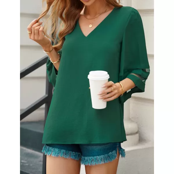 imageluvamia Womens Casual V Neck Blouse 34 Bell Sleeve Mesh Panel Shirts Loose TopB Evergreen