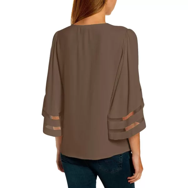 imageluvamia Womens Casual V Neck Blouse 34 Bell Sleeve Mesh Panel Shirts Loose TopB Partrige