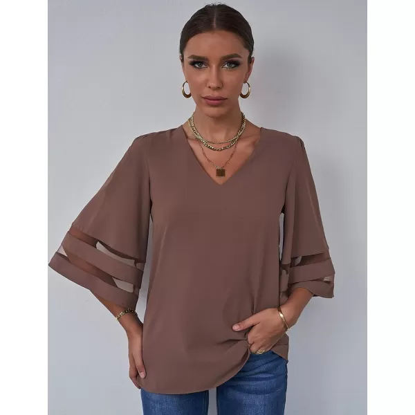 imageluvamia Womens Casual V Neck Blouse 34 Bell Sleeve Mesh Panel Shirts Loose TopB Partrige