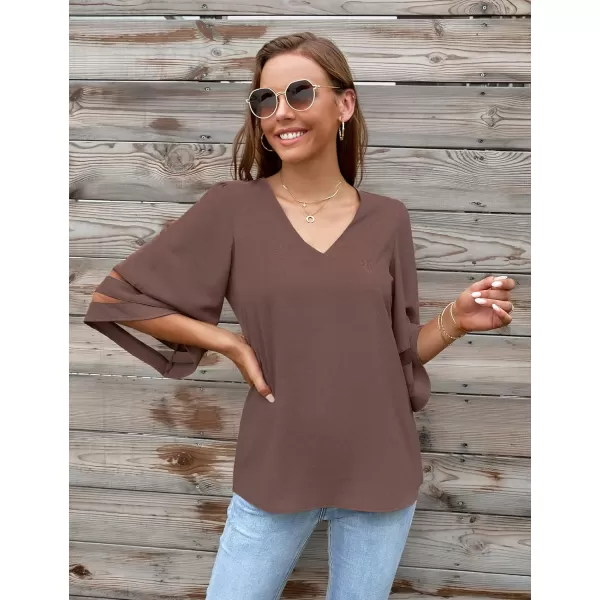 imageluvamia Womens Casual V Neck Blouse 34 Bell Sleeve Mesh Panel Shirts Loose TopB Partrige