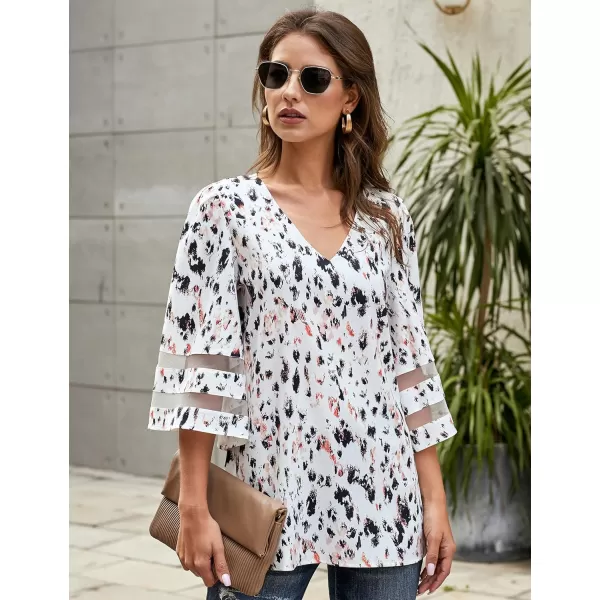 imageluvamia Womens Casual V Neck Blouse 34 Bell Sleeve Mesh Panel Shirts Loose TopC Abstract Print