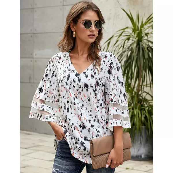 imageluvamia Womens Casual V Neck Blouse 34 Bell Sleeve Mesh Panel Shirts Loose TopC Abstract Print